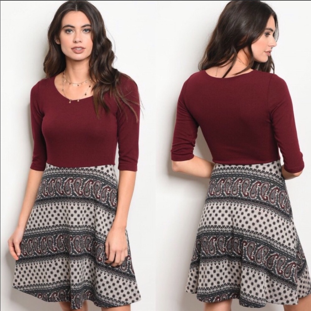 Burgundy and Taupe Paisley Print Dress